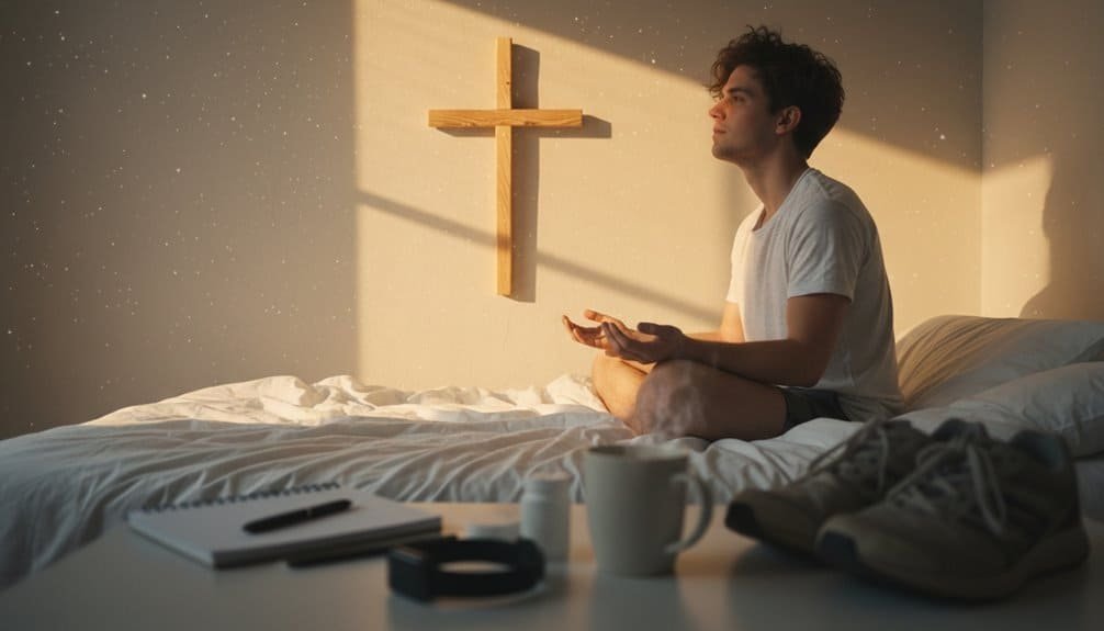 A young man sitting on his bed, holding a Bible, in a peaceful moment of prayer and reflection.