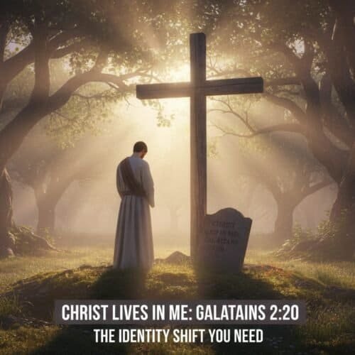Christ Lives in Me: Galatians 2:20 and the Identity Shift You Need My Bible Song 2026 Woman praying by a cross in a serene, sunlit forest setting, symbolizing faith and spiritual renewal, with a Bible verse from Galatians 2:20 about Christ living in believers.