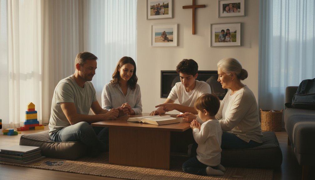 Family gathered around a low table in a cozy living room, reading the Bible together, fostering faith and connection across generations.