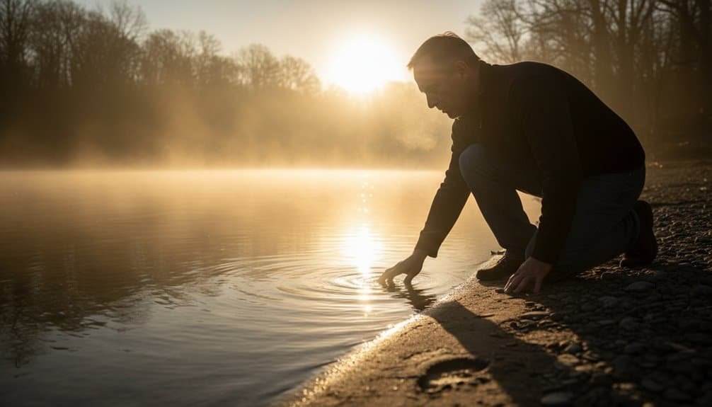 1 John 1:9 – He Forgives and Purifies: The One-Step Confession That Changes Everything My Bible Song 2026 Man kneeling by a river at sunrise, reflecting faith and hope in God's creation, with warm sunlight and peaceful natural surroundings.