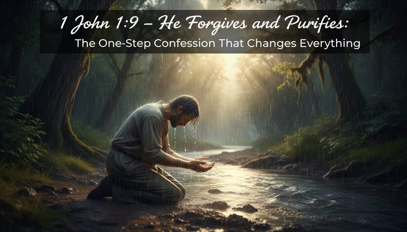 Image of a man kneeling in a stream in a forest, praying and seeking forgiveness, symbolizing spiritual renewal and God's mercy.