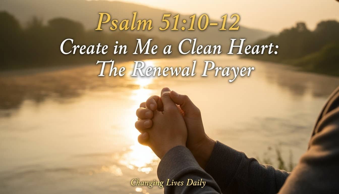 Hands clasped in prayer by a river at sunset, symbolizing renewal and spiritual cleansing, inspired by Psalm 51:10-12. Perfect for faith, prayer, and spiritual growth content.