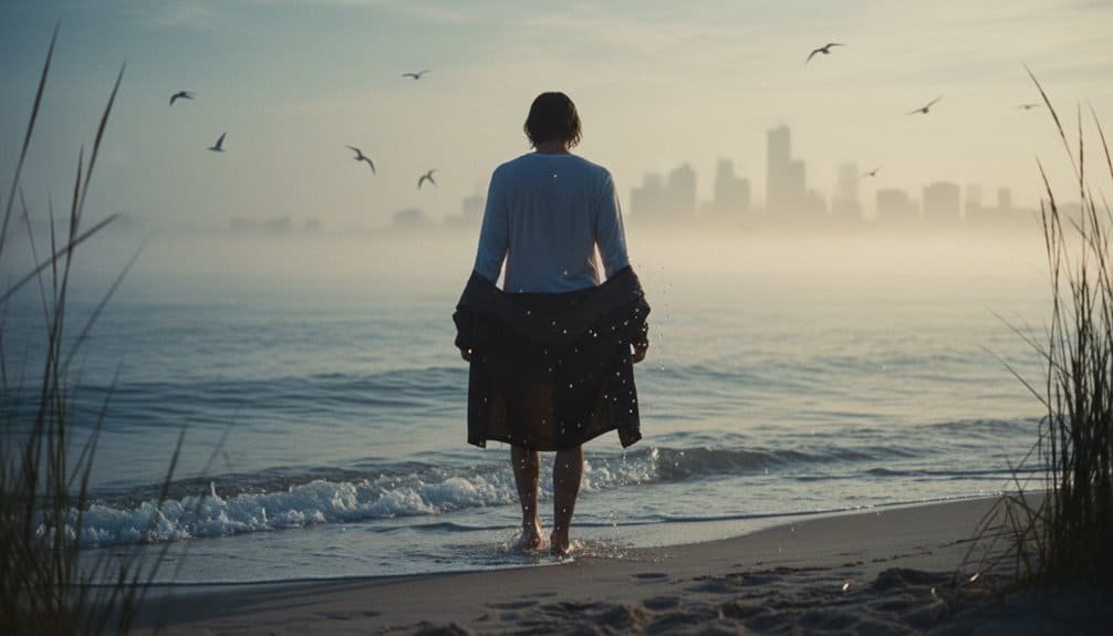 An image of a woman standing at the shoreline, gazing at the water and distant city skyline, symbolizing faith, reflection, and spiritual connection.