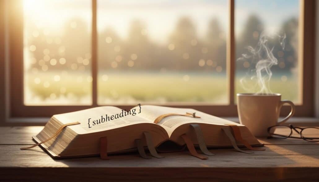 Open Bible on a wooden table with a steaming cup of coffee, sunlight streaming through a window, creating a peaceful and inspiring atmosphere for prayer and meditation.