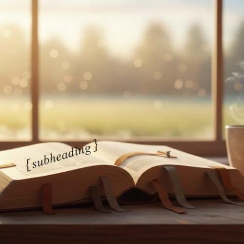 Open Bible on a wooden table with a steaming cup of coffee, sunlight streaming through a window, creating a peaceful and inspiring atmosphere for prayer and meditation.