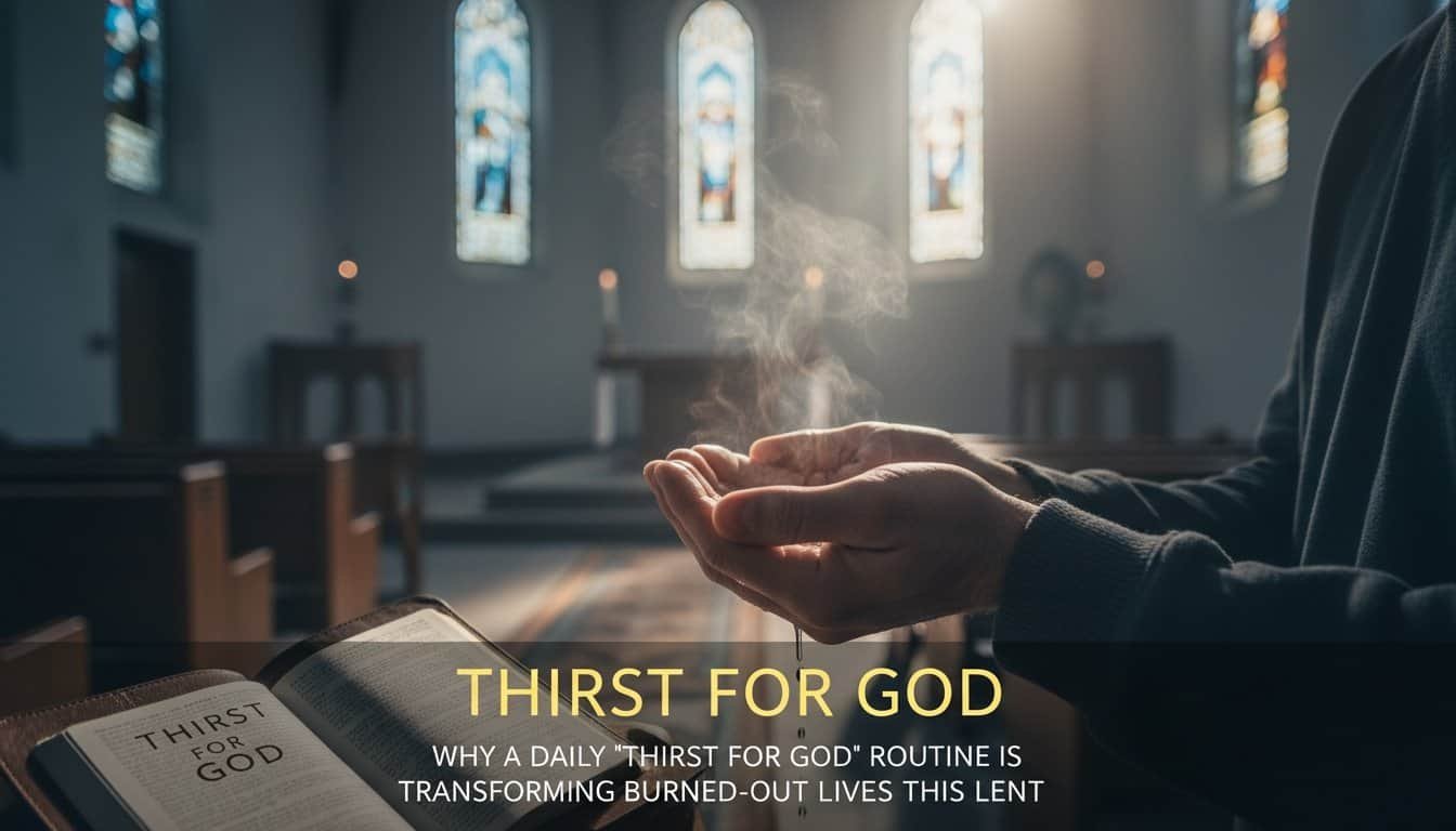 Person praying in a church with sunlight streaming through stained glass windows, holding hands in prayer, symbolizing faith and devotion.