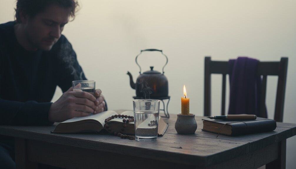 A person praying with a Bible, glass of water, and lit candle on a wooden table, creating a peaceful and contemplative atmosphere for spiritual reflection and devotion.