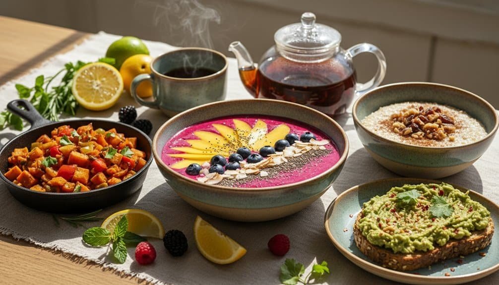 Colorful healthy breakfast bowls with smoothie, oatmeal, and avocado toast, surrounded by fresh fruits and tea, ideal for a nutritious morning meal.