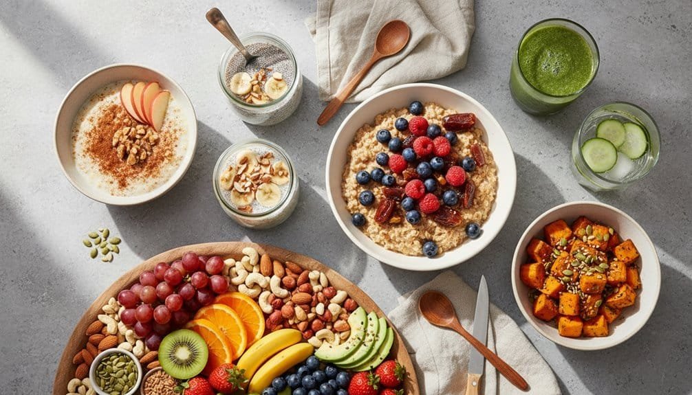 Bright and nutritious breakfast scene featuring fresh fruits, oatmeal with berries, smoothies, and healthy snacks, perfect for starting your day with energy and wellness.