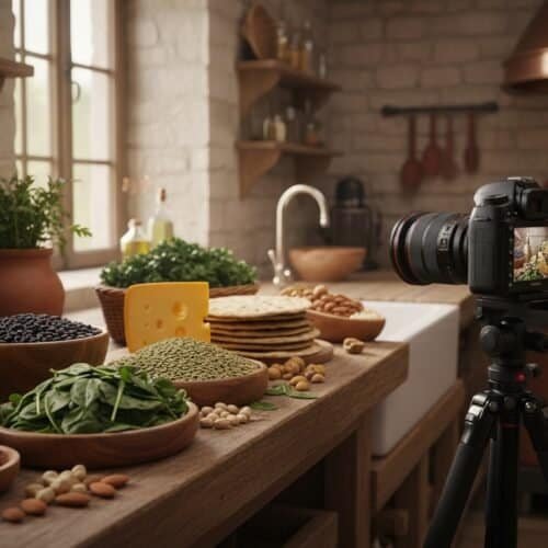 Healthy ingredients for worshipful living, fresh vegetables, nuts, and dairy on a rustic kitchen counter, with a DSLR camera ready to capture inspiring scenes for My Bible Song related videos and content.