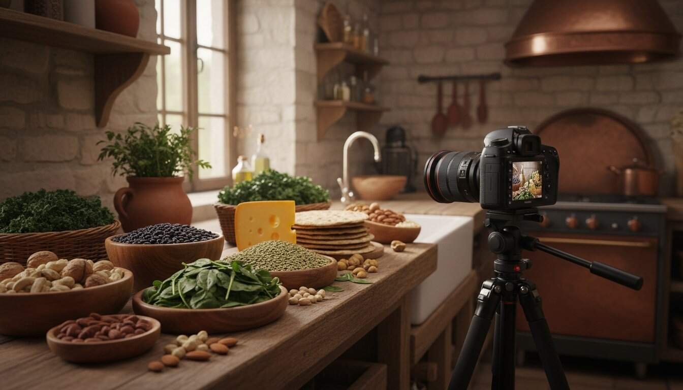 Healthy ingredients for worshipful living, fresh vegetables, nuts, and dairy on a rustic kitchen counter, with a DSLR camera ready to capture inspiring scenes for My Bible Song related videos and content.
