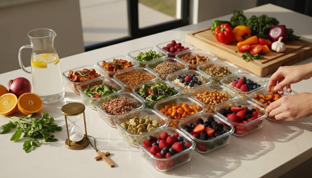 Colorful healthy meal prep with fresh fruits and vegetables on table.
