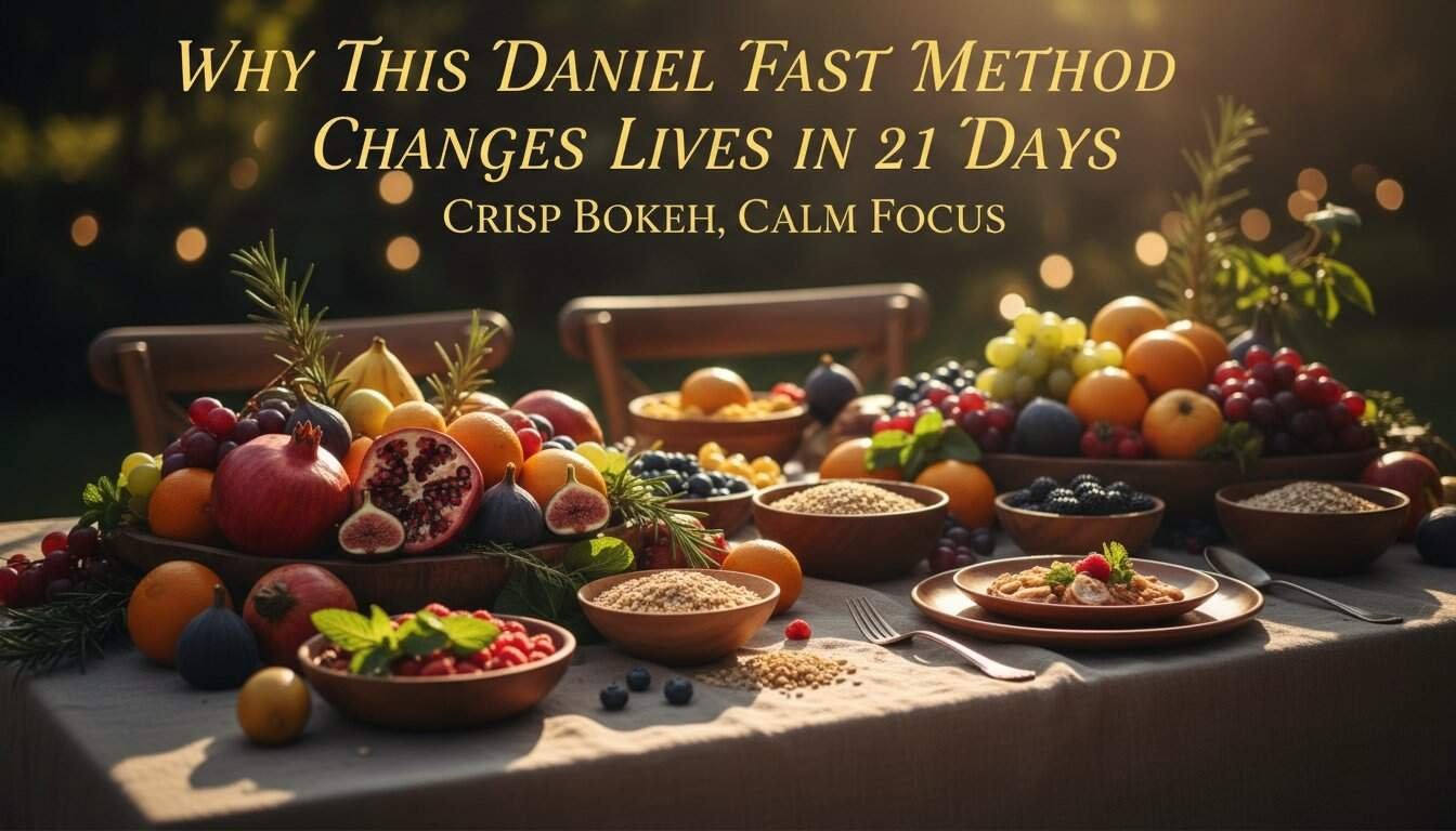 A vibrant table filled with fresh fruits, grains, and healthy foods, perfect for a Daniel Fast. Bright atmosphere highlights a wholesome, healthy lifestyle with natural produce and calm, focused prayer.