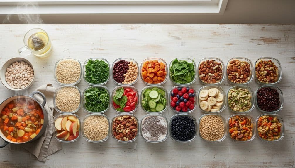 Colorful mixed salad ingredients in glass bowls with soup, apple slices, and water infused with lemon.