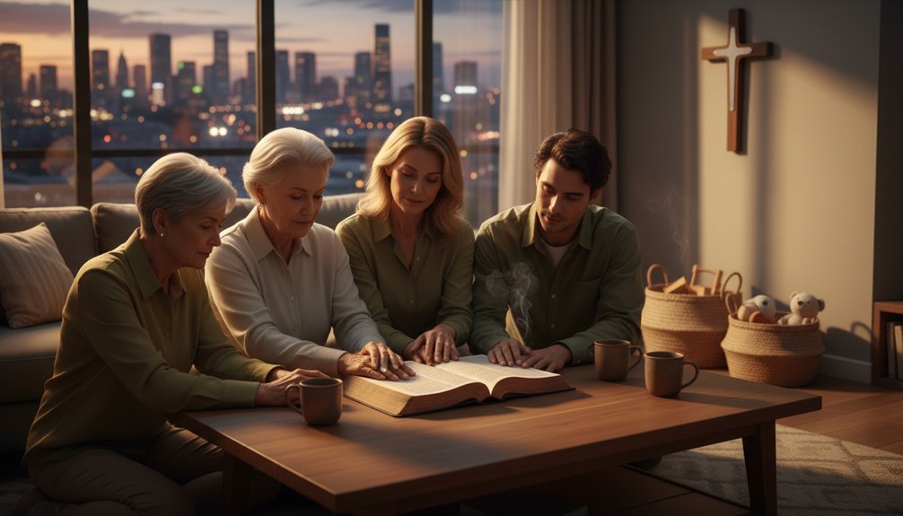 Family praying together with an open Bible, fostering faith and unity in a cozy, well-lit home setting.