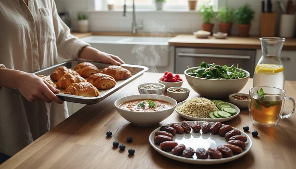 A delicious, health-conscious breakfast with fresh croissants, salads, fruits, and herbal tea, perfect for starting your day with wholesome foods. Ideal for breakfast recipes, healthy eating, and nutritious meal ideas.
