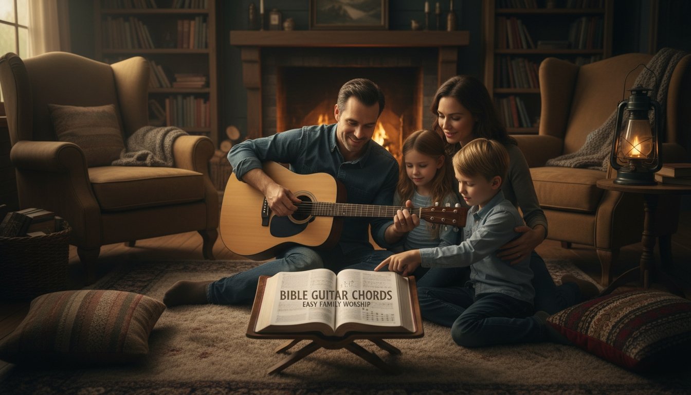 Family enjoying worship together with a father playing guitar and children learning Bible songs in a cozy living room setting.