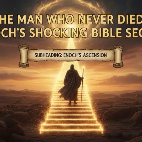 Illustration of Enoch ascending to heaven on glowing stairs with a divine light, highlighting the biblical secret of Enoch's eternal life and divine journey.