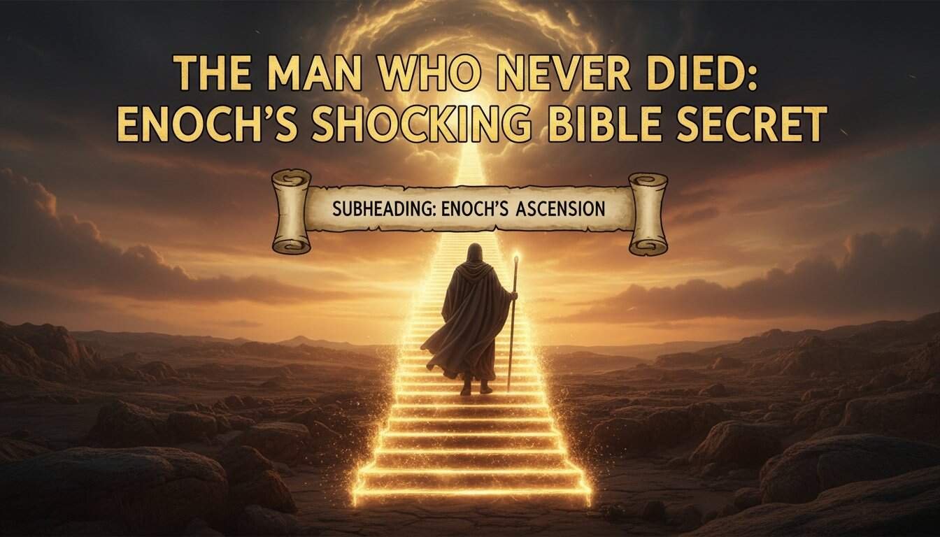 Illustration of Enoch ascending to heaven on glowing stairs with a divine light, highlighting the biblical secret of Enoch's eternal life and divine journey.