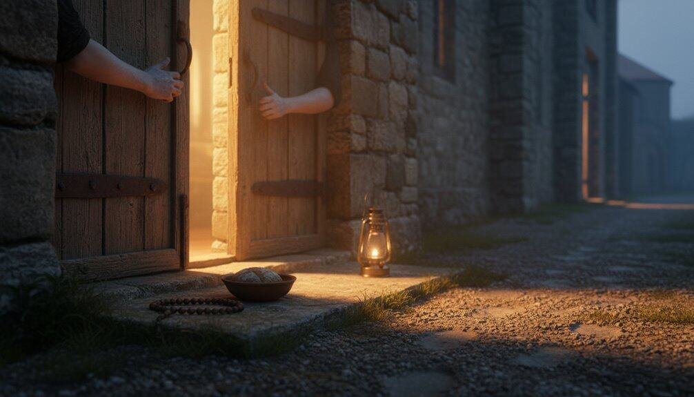Jesus knocking on a wooden door at dusk, representing faith, spiritual invitation, and divine connection.