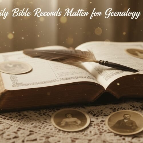 Why Family Bible Records Matter for Genealogy Research My Bible Song 2026 Open Bible with family photos and genealogical records, highlighting the importance of family history documentation for biblical and genealogical research.