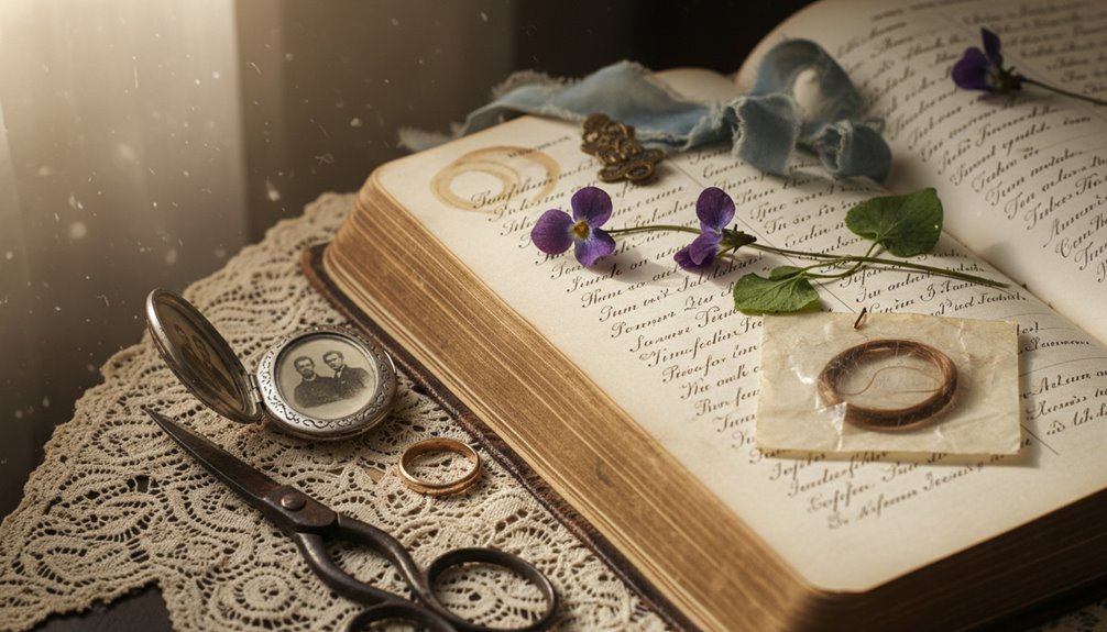 Open vintage Bible with wedding rings, purple flowers, and scissors on lace tablecloth, symbolizing love and faith. Perfect for religious wedding or spiritual themes.