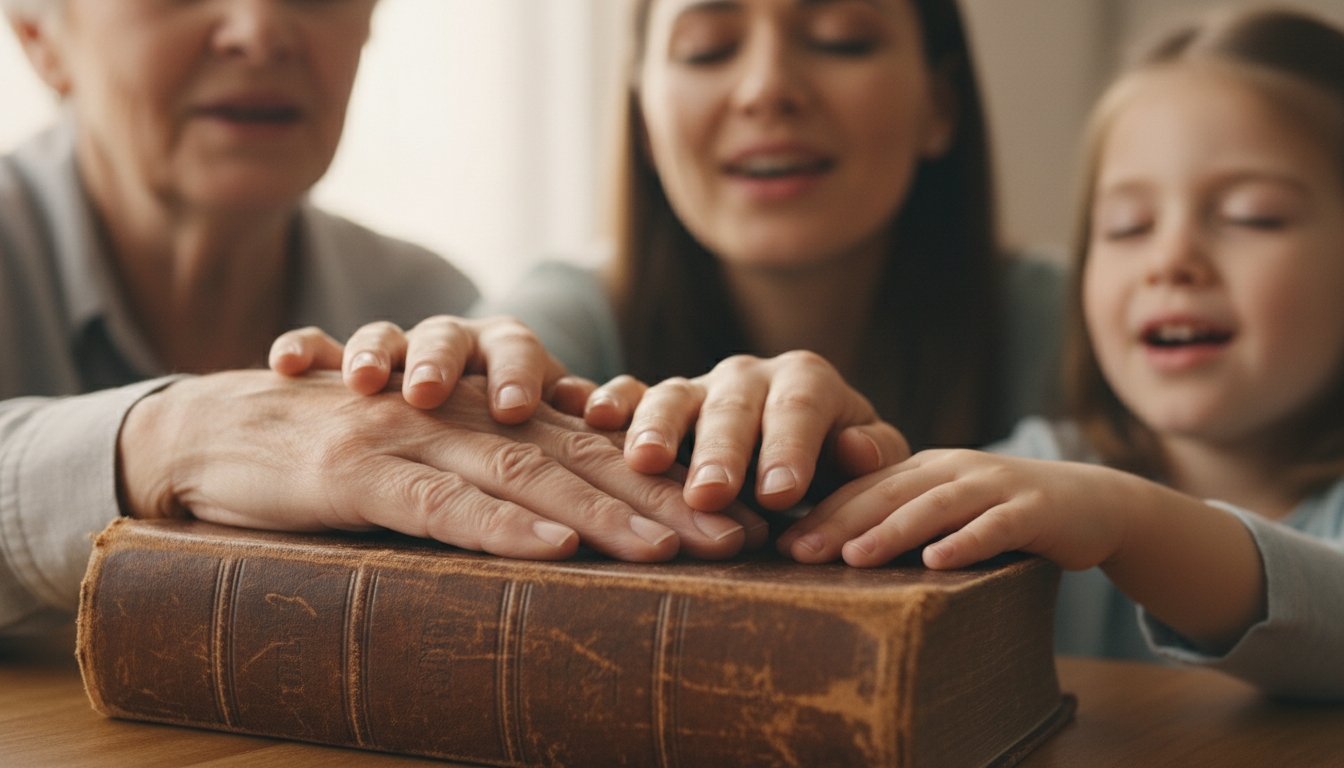 An elderly woman, a young woman, and a child place their hands on an open Bible during prayer, symbolizing faith, family bonding, and spiritual growth.