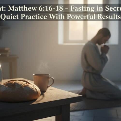 Person praying in a modern home during fasting, with bread, water, and a cup on the table, illustrating spiritual discipline and devotion based on Matthew 6:16-18.
