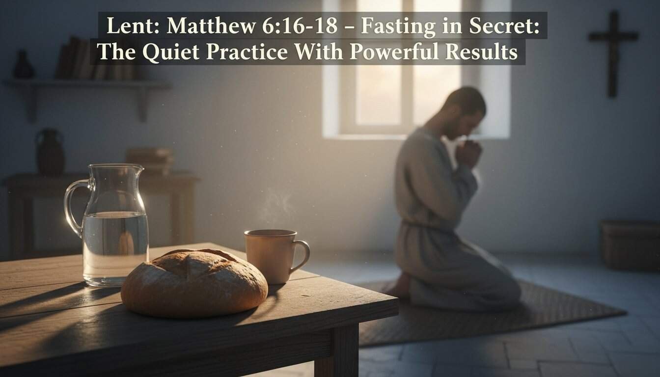 Person praying in a modern home during fasting, with bread, water, and a cup on the table, illustrating spiritual discipline and devotion based on Matthew 6:16-18.