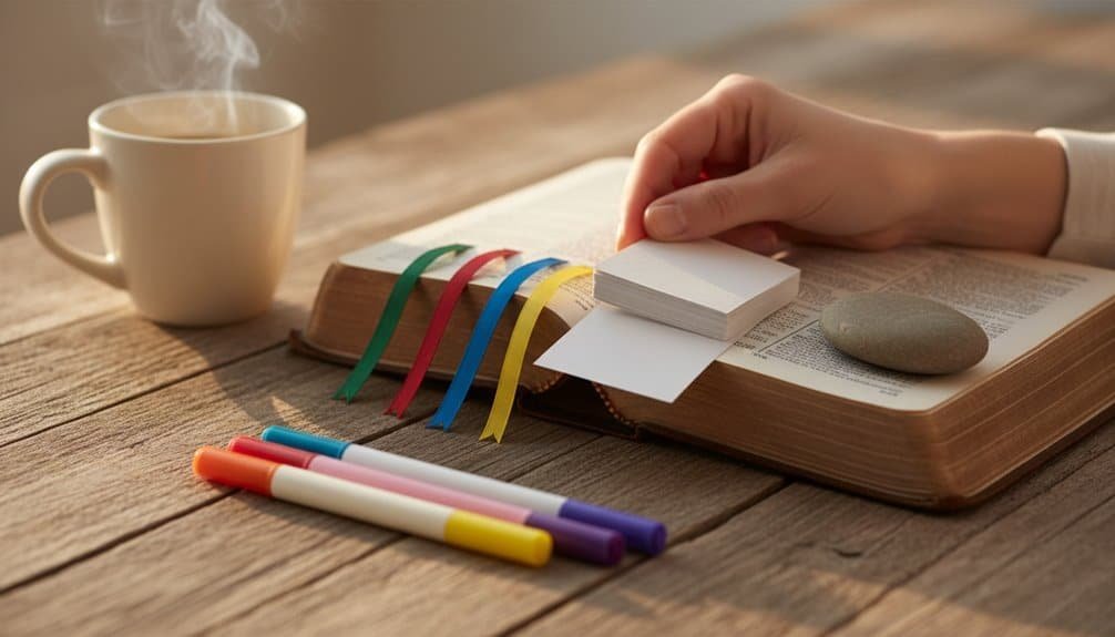 An open Bible with multiple colored bookmarks, a hand holding a small notepad, and a steaming coffee mug on a wooden table, emphasizing spiritual growth and devotion.