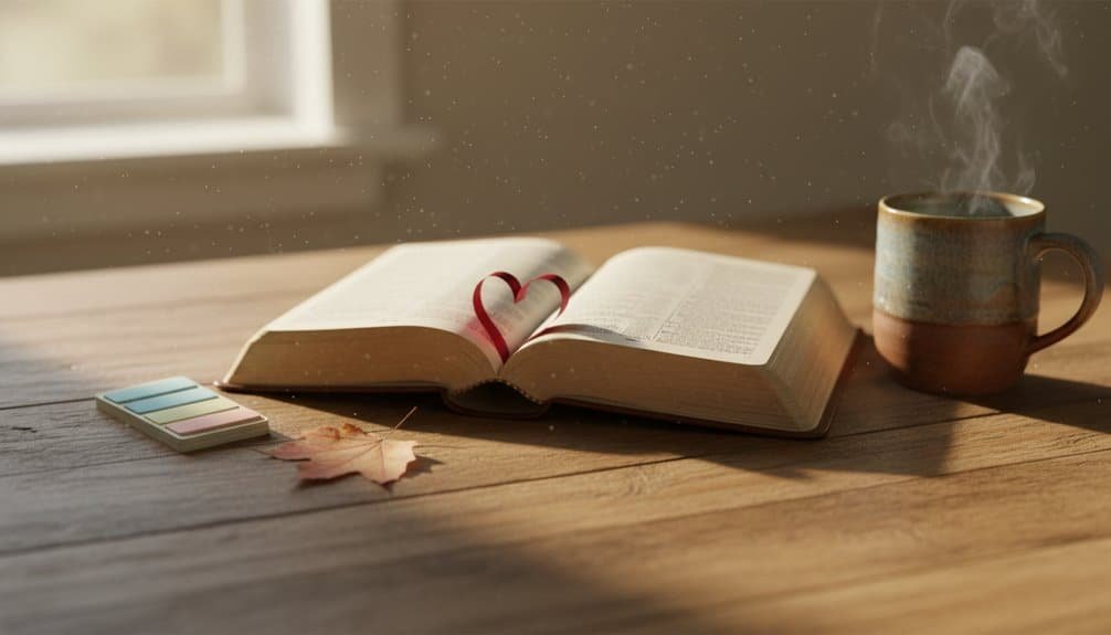 Bible open with a heart bookmark, a steaming mug, and a notepad on a wooden table near a window.