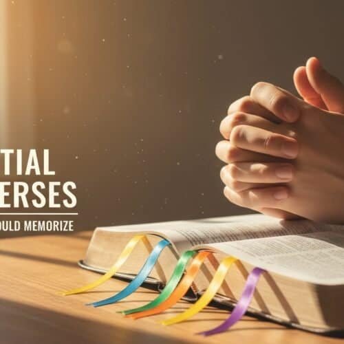 Praying hands over an open Bible with colorful ribbons, symbolizing faith and devotion, perfect for new Christians learning essential Bible verses.