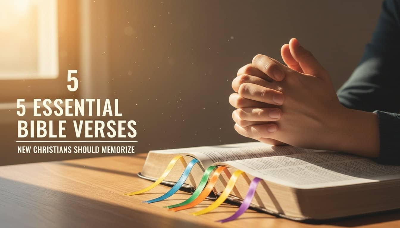 Praying hands over an open Bible with colorful ribbons, symbolizing faith and devotion, perfect for new Christians learning essential Bible verses.