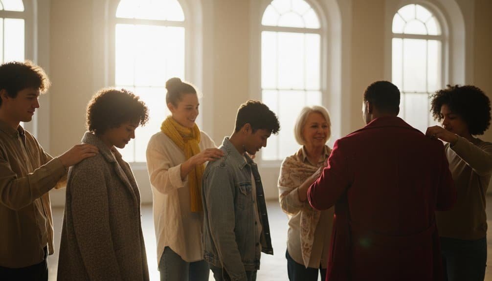 Group of diverse people praying together in a bright room, fostering faith and community.