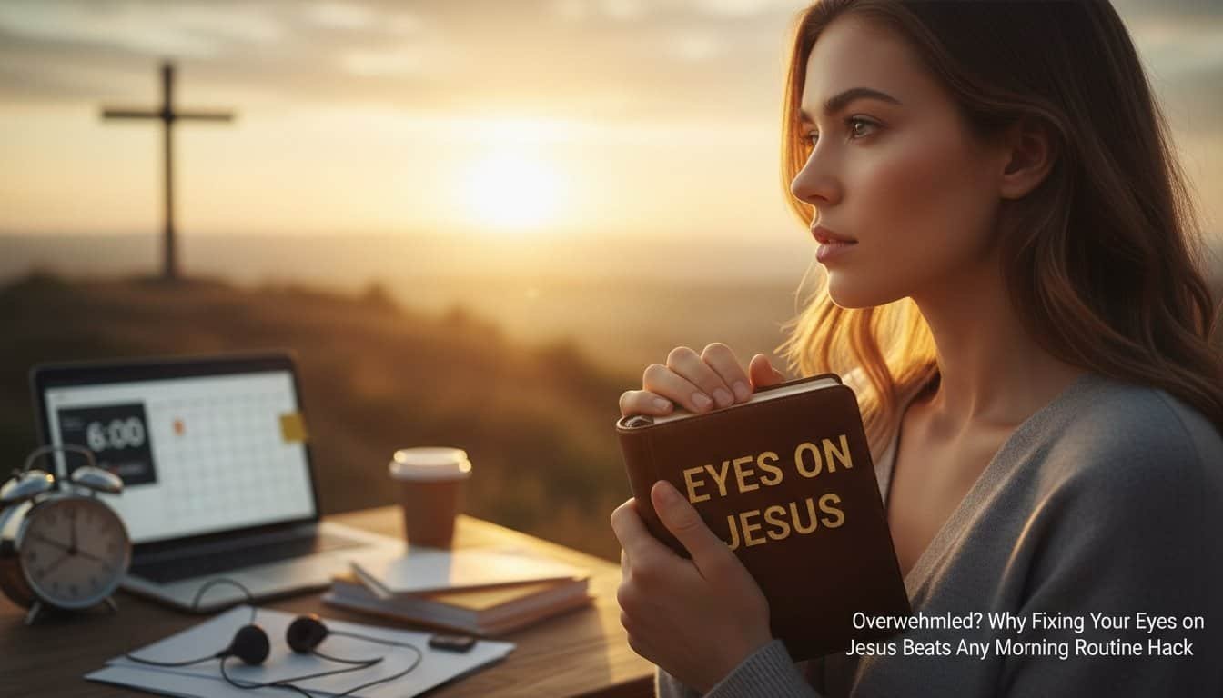 Young woman holding a Bible titled "Eyes on Jesus" during sunrise, with a cross in the background, symbolizing faith and devotion.