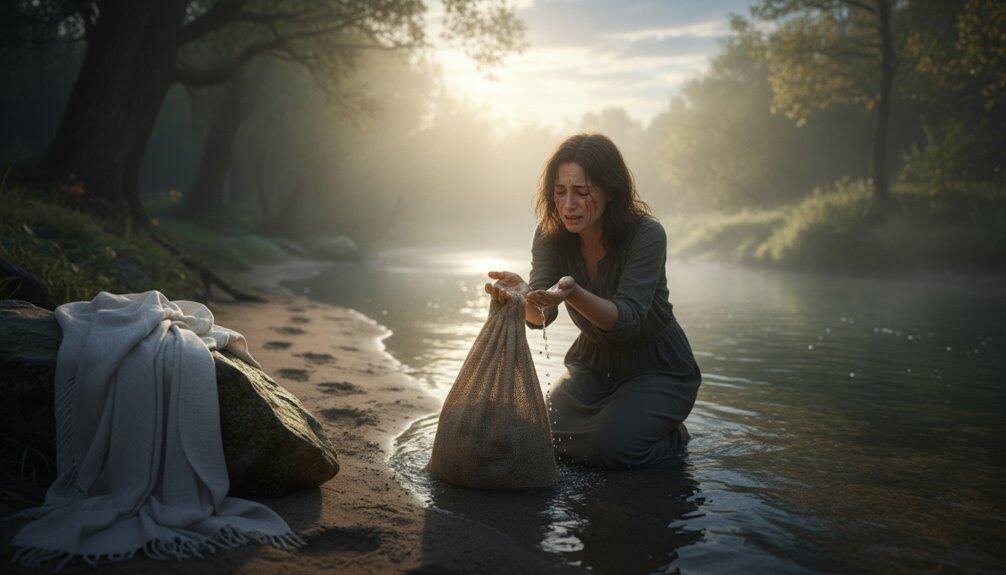 Woman kneeling in a river, washing clothes with a bag, surrounded by nature during sunrise, promoting faith and serenity.