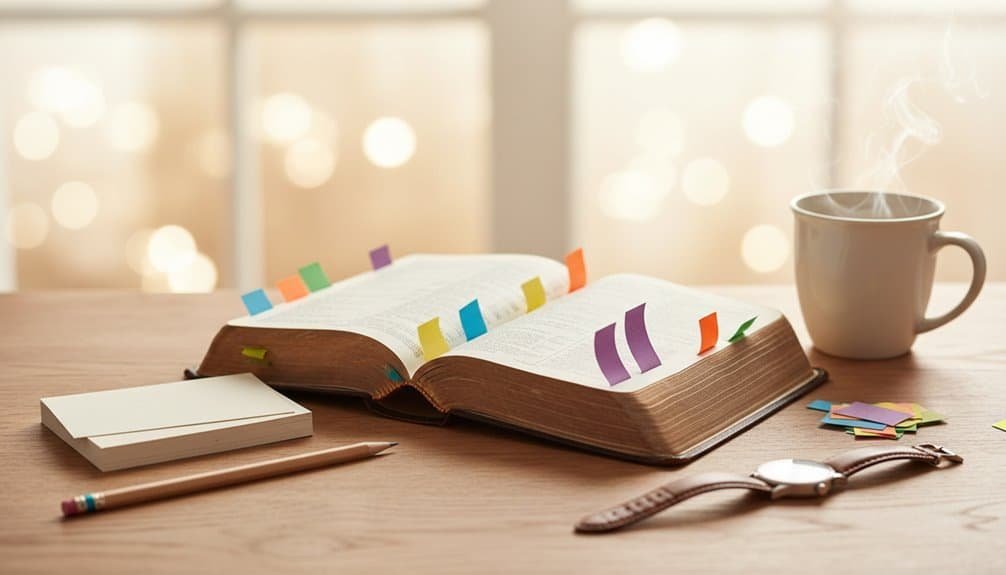 Open Bible with colorful sticky notes, a coffee mug, and stationery on a wooden table, symbolizing prayer, reflection, and spiritual growth.