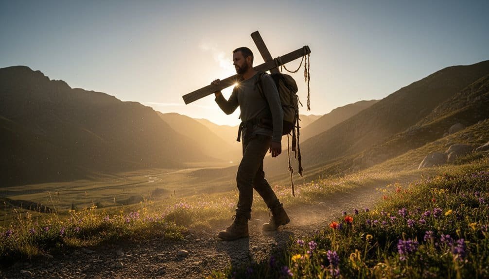 A man hiking through a scenic mountain landscape at sunset, carrying a wooden cross on his shoulder, symbolizing faith and spiritual journey.