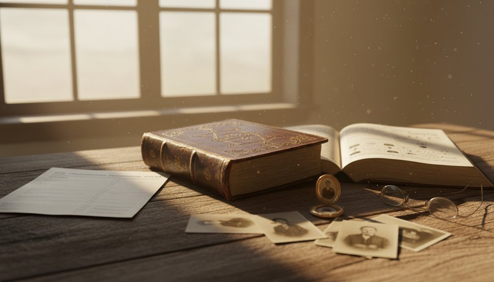 Vintage Bible and personal photos on a wooden desk illuminated by warm sunlight, creating a peaceful atmosphere for reflection and spiritual study.