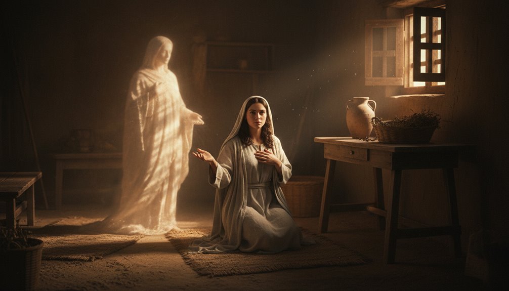 A woman kneeling in prayer with a glowing, semi-transparent figure of Jesus standing nearby in a simple, rustic room illuminated by natural sunlight.
