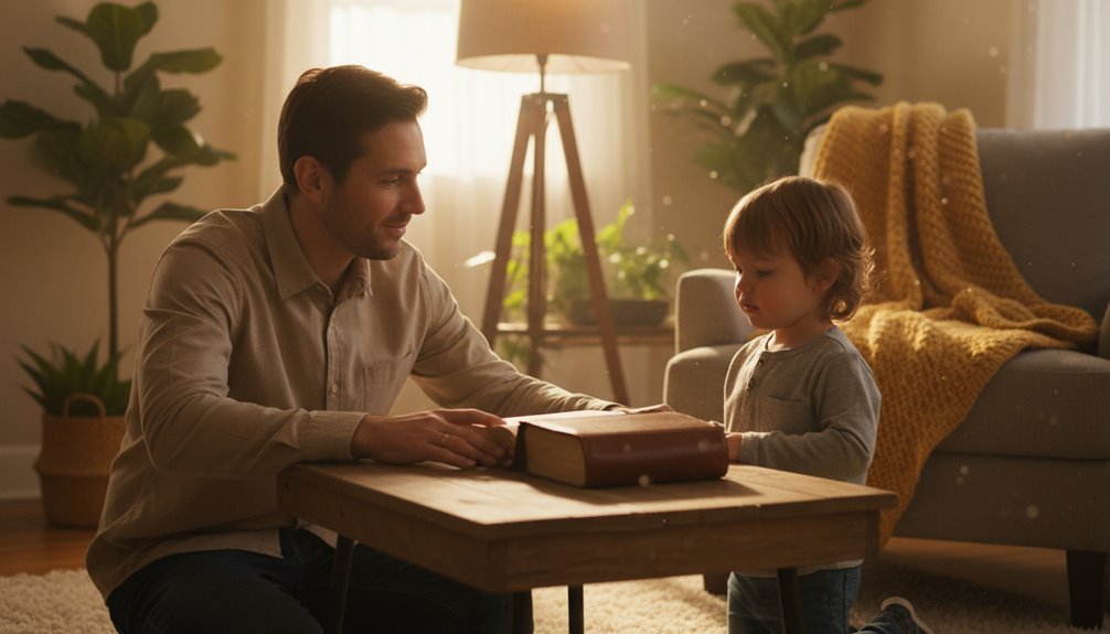 A father and young son engaging in a Bible study session at home, sitting at a wooden table with a Bible open between them, surrounded by cozy living room decor.