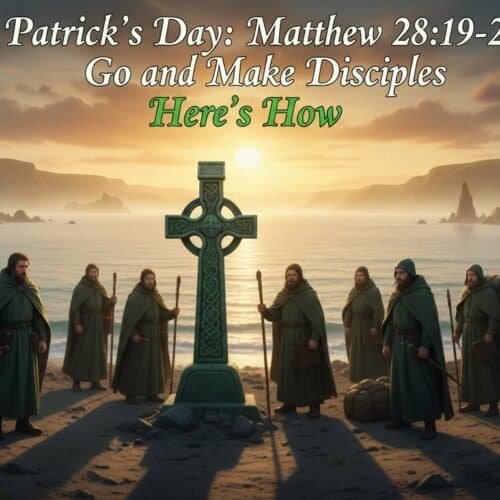 Group of people dressed as biblical characters around a cross on the beach at sunset, illustrating a St. Patrick's Day Bible lesson about Matthew 28:19-20 and making disciples.