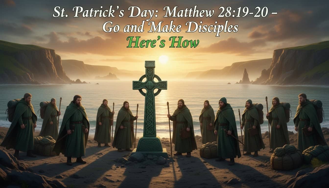 Group of people dressed as biblical characters around a cross on the beach at sunset, illustrating a St. Patrick's Day Bible lesson about Matthew 28:19-20 and making disciples.