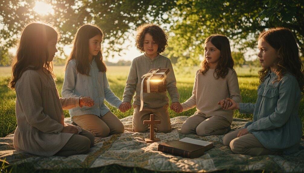 10 Best Short Bible Verses for Kids My Bible Song 2026 Children sitting in a circle outdoors during sunset, engaging in a Bible study session with a cross and Bible, promoting faith and community.
