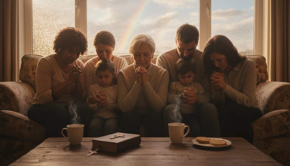 Uplifting Bible Verses When Family Life Gets Hard My Bible Song 2026 Family gathered together praying with their eyes closed in a cozy living room, enjoying a spiritual moment with children and grandparents, with sunlight and a rainbow outside.
