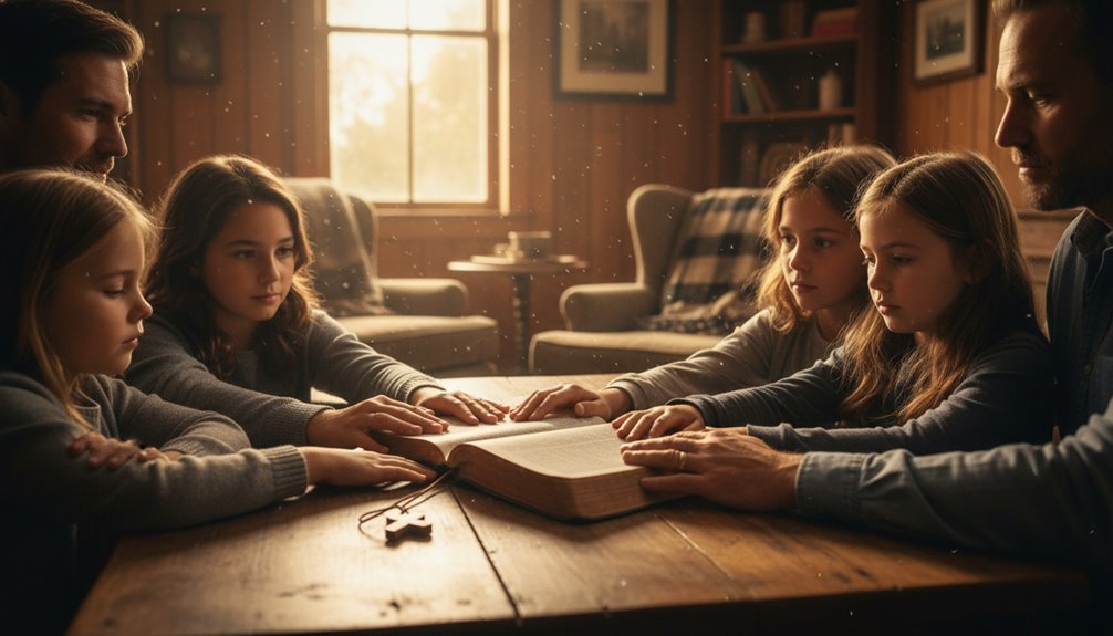 Family and children engaging in Bible study together at home, reading and discussing scripture in a cozy living room setting.