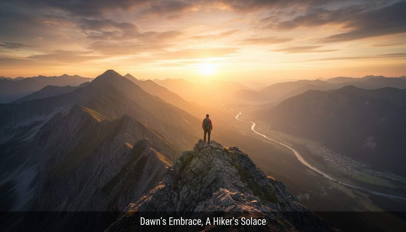A hiker standing on a mountain peak during sunrise, overlooking expansive valleys and winding rivers below, symbolizing faith, hope, and spiritual journey.