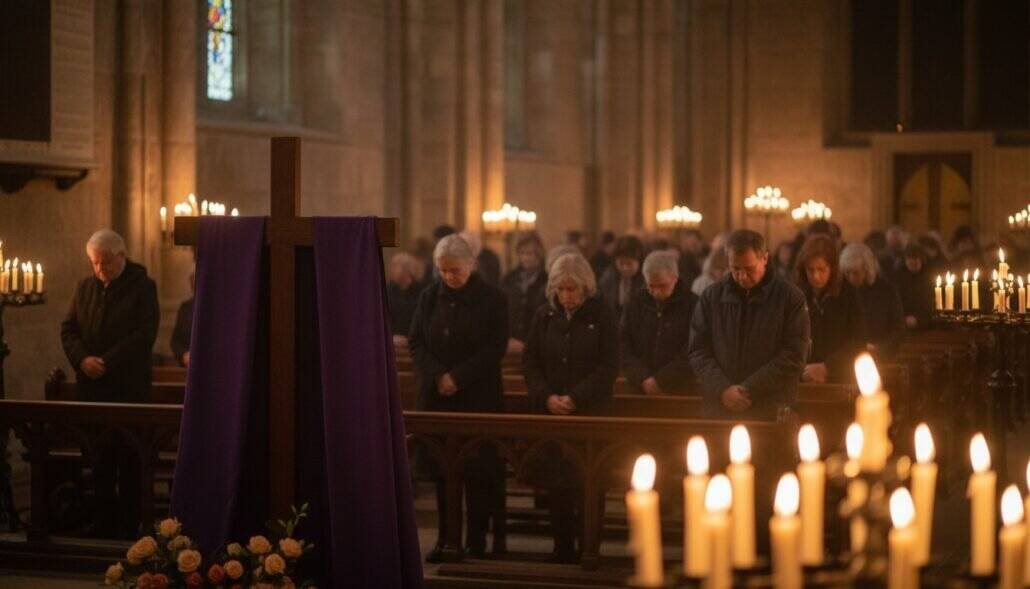 Congregation praying silently in church during a solemn service, illuminated by candlelight and surrounded by religious symbols, emphasizing faith and devotion.