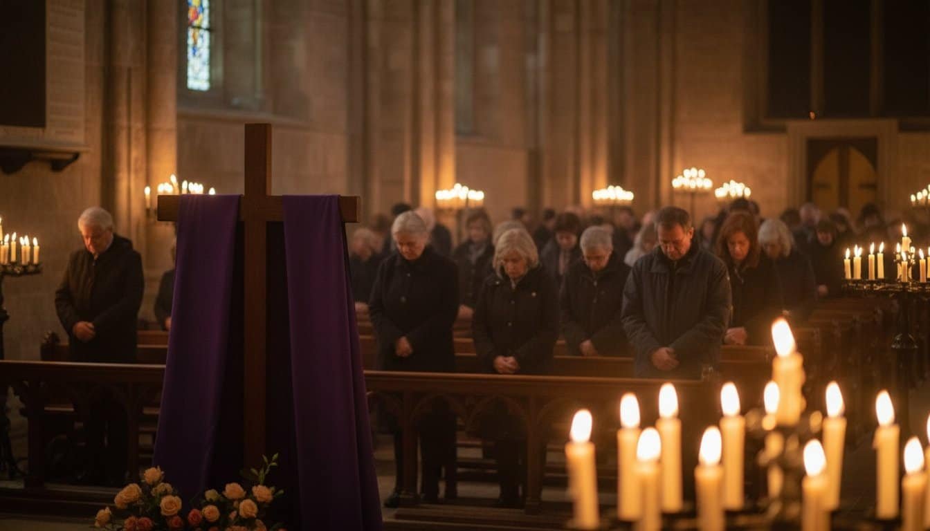 Congregation praying silently in church during a solemn service, illuminated by candlelight and surrounded by religious symbols, emphasizing faith and devotion.