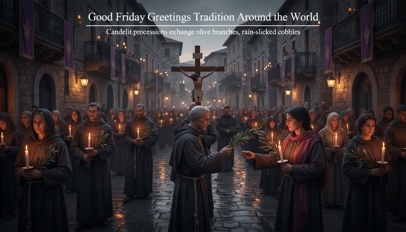 Religious Good Friday procession in Jerusalem with people holding candles, commemorating the crucifixion of Jesus Christ, during a solemn night event.